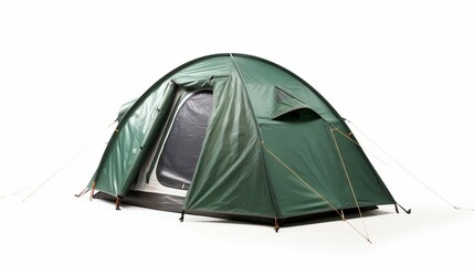 Comfortable dark green camping tent on white background