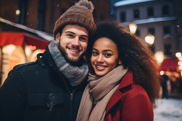 Fototapeta premium Generative AI portrait of young lovers couple over new year decorations snowy city winter fair