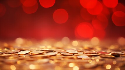 Abstract red background with gold blurred dots for design. Stylish perfect golden bokeh. Background...