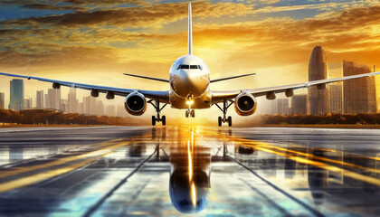 Front view of an airliner taking off or landing on an airport runway at sunrise or sunset. On background a city with skyscrapers in the morning or at dusk. - obrazy, fototapety, plakaty