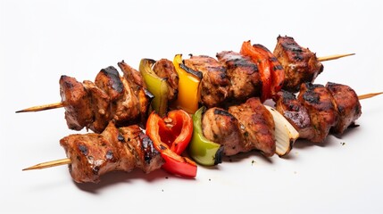 Kebabs - grilled meat and vegetables on solid isolated white color backgroud