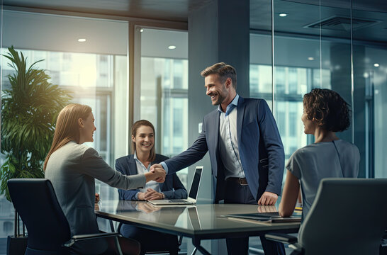 Two Business People Shake Hands In The Office To Congratulate On Signing A Contract