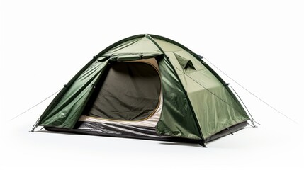 Comfortable dark green camping tent on white background