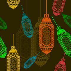Editable Flat Style Hanging Arab Lamps Vector Illustration With Various Colors as Seamless Pattern With Dark Background for Islamic Occasional Theme Such as Ramadan and Eid or Arab Culture