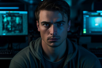 Generative AI portrait of cyberpunk system administrator programmer hacker person