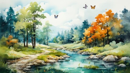 Obraz na płótnie Canvas Vintage Forest Landscape. High-Quality Digital Watercolor Painting with Birds, Butterflies, and Trees 