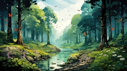 Vintage Forest Landscape. High-Quality Digital Watercolor Painting with Birds, Butterflies, and Trees
