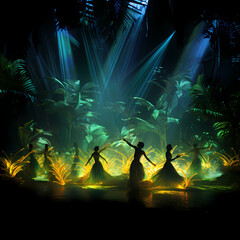 Fototapeta na wymiar an ephemeral ballet featuring the neon glow of lights, abstract fireflies in a jungle setting