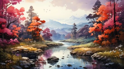 Vintage Forest Landscape. High-Quality Digital Watercolor Painting with Birds, Butterflies, and Trees
