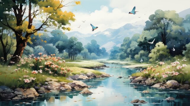 Vintage Forest Landscape. High-Quality Digital Watercolor Painting with Birds, Butterflies, and Trees
