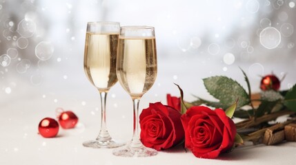 Two glasses of champagne with a red rose on a snowy floor.