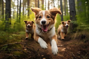 Fotobehang Generative ai picture of happy beautiful little dogs running in forest © Tetiana