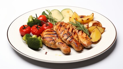 plate of grilled chicken with vegetables isolated on white background