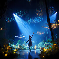 an ephemeral ballet featuring the neon glow of lights, abstract fireflies in a jungle setting