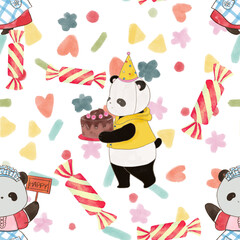 Watercolor animal woodland zoo farmer  party cute doodle cartoon style seamless pattern Ideal kids design