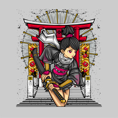 samurai girl illustration for t shirt design