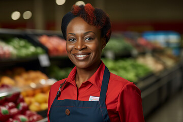 Generative AI image photo of cheerful charming woman working in a grocery store