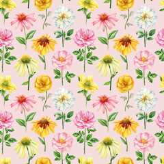 Seamless pattern with spring wildflowers watercolor. Floral design, elegant botanical background. Garden flowers