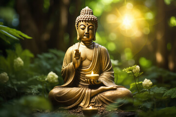 Glowing golden buddha in zen garden