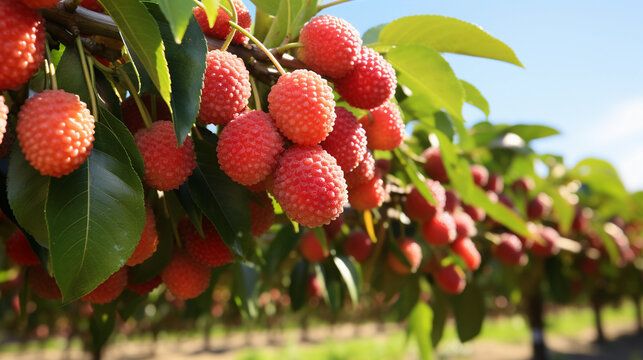 Ripe red lychee fruits hanging on a tree in an orchard, with a sunny backdrop.