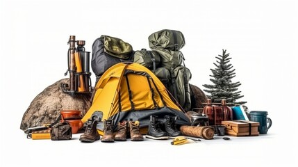 Set of camping equipment for tourist on white background - obrazy, fototapety, plakaty