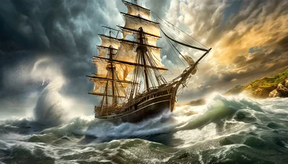 Poster Im Rahmen Bottom view of an old wooden sailing ship braving the waves of a wild stormy sea, in the background dramatic sky with storm clouds at sunrise or sunset. © Alberto Masnovo