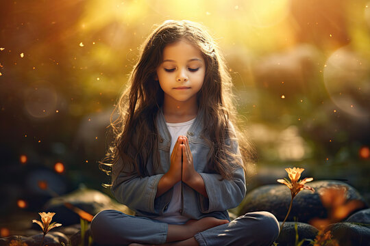 cute little girl meditating, nature background