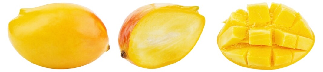 Sliced ripe yellow mango. Set. Isolated on a white background. - obrazy, fototapety, plakaty