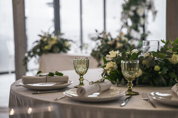 Close-up of table setting for a festive event, wedding, birthday