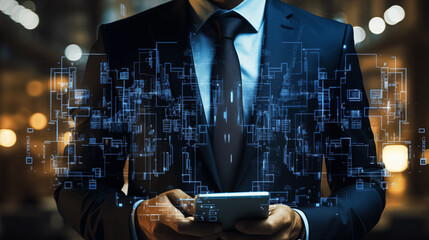 man in business suit with hands and legal icons on background, in the style of light indigo and indigo, rtx on, handheld, dao trong le, created by ai - obrazy, fototapety, plakaty