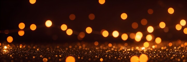 Orange and Gold Bokeh Lights on Black Background. Abstract Glowing Dots Banner with Defocused Bright Circles. Shiny Glitter Decoration for Celebration and Magic Atmosphere.