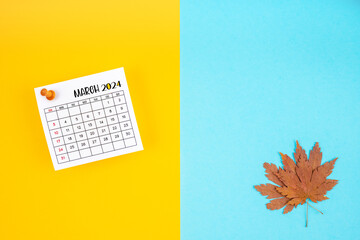 Top view of a March 2024 calendar and autumn foliage on a yellow and blue background.