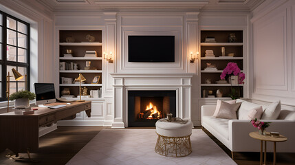 a white maple wall with intricate moulding pattern office desk on the side of the room, White sofa in front of a fireplace with a t.v. on top, library, some touch of pink in the decor, classic archite