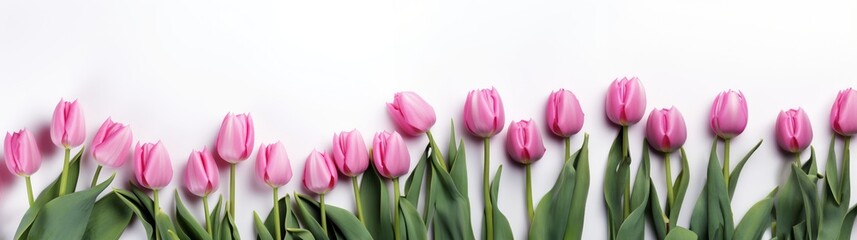 Women and mothers day banner. Pink tulips on white