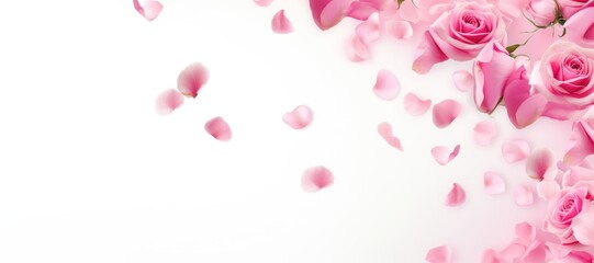 Women and mothers day banner. Pink  rose petals on white, copy space