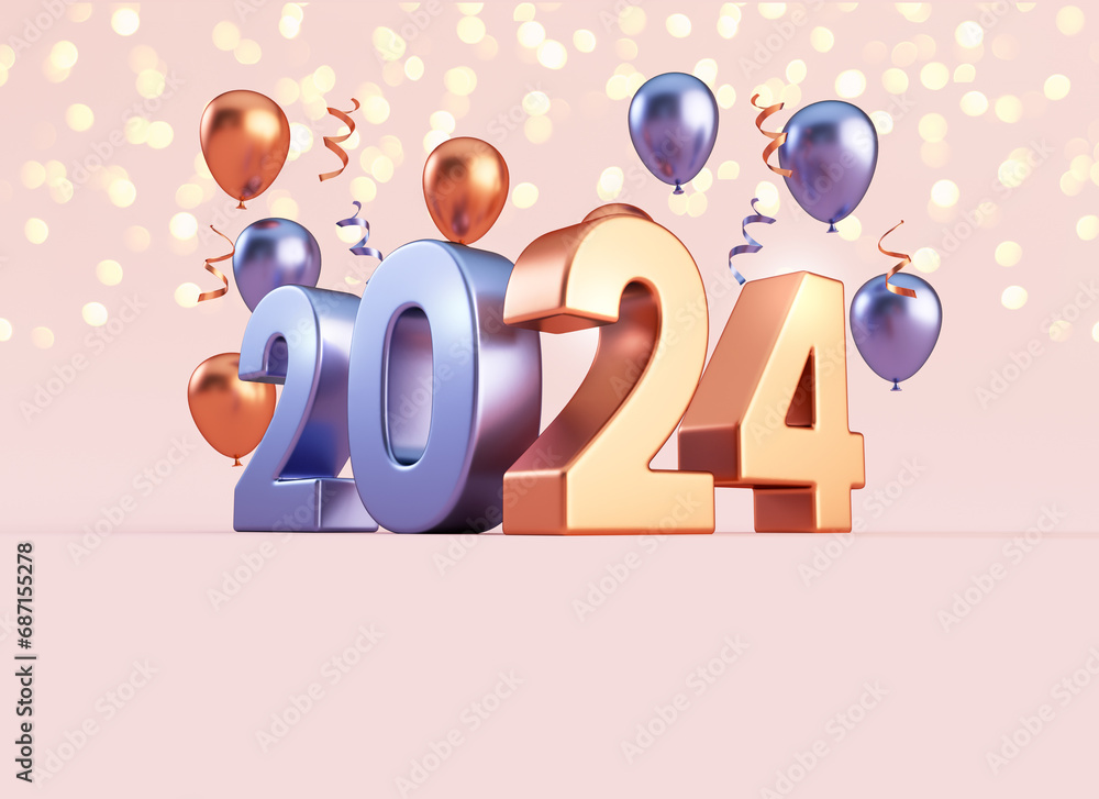 Poster happy 2024 new year banner template with metallic numbers, balloons and festive stuff on a pastel ba