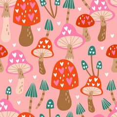 Seamless pattern design for Valentine's day with cute mushroom. Childish print for wrapping paper, party invitation and background