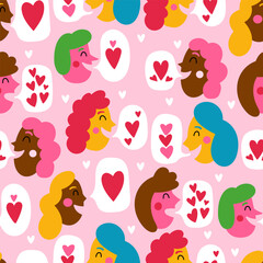 Seamless pattern design for Valentine's day with cute diverse people funny faces and heart shapes. Hand drawn print for wrapping paper, wallpaper and background