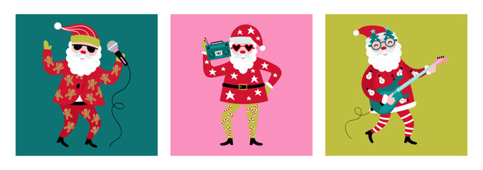Christmas holiday cute Santa character card set. Santa singing, playing guitar and dancing. Childish print for cards, stickers, apparel and decoration