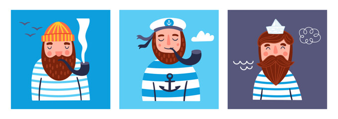 Obraz premium Cute greeting card set with sailor character. Childish print for cards, stickers, apparel and decoration