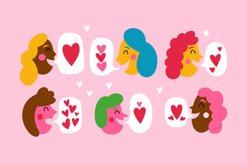 Valentine's day concept with cute diverse people funny faces and heart shapes. Hand drawn print for cards, stickers and decoration