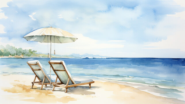 Watercolor Painting of Beach with Umbrella and Lounge Chairs