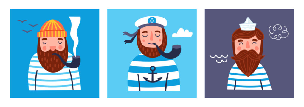 Cute greeting card set with sailor character. Childish print for cards, stickers, apparel and decoration