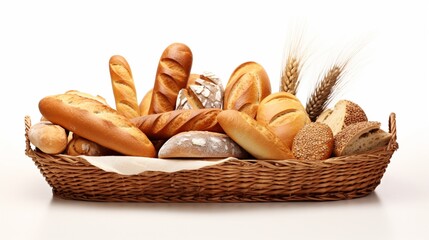 Various kinds of breadstuff in the rustic basket isolated on white background. Bread rolls, baguette, sweet bun, croissant and bagel.
