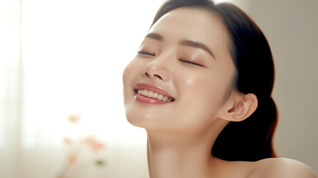 image of happy asian woman with perfect skin, skin care, beauty salon, spa. legal AI