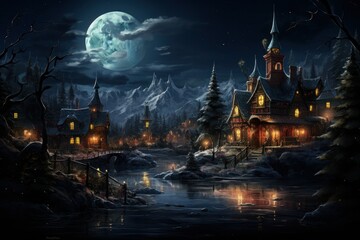 Fototapeta premium Christmas Villages at Night - Generative AI