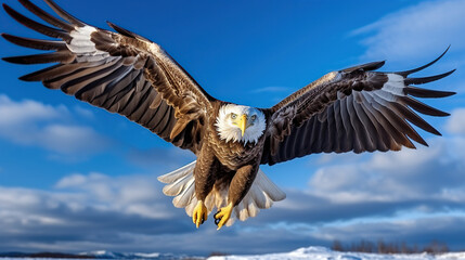 Obraz premium close-up of White tailed eagle fly in the air. blue sky background.