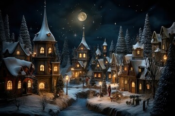 Fototapeta premium Christmas Villages at Night - Generative AI