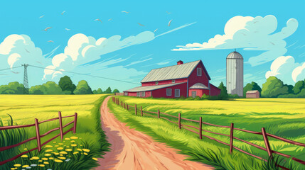 Idyllic Rural Farm Landscape Vector Illustration with Barn