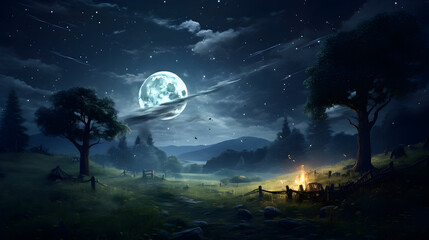 Moon light forest and nature landscape at night